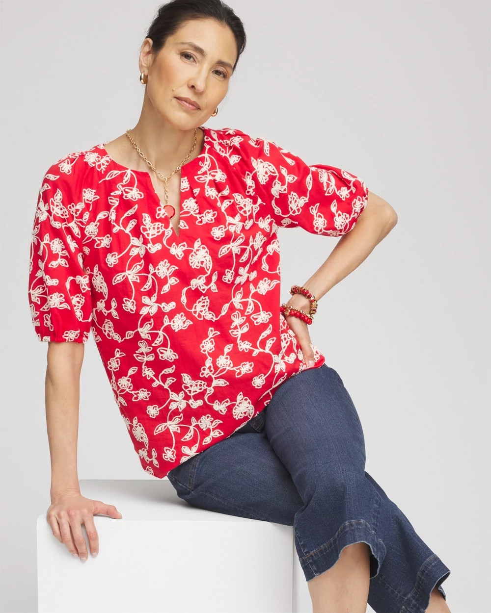 Chico's Floral Embroidered Cotton Peasant Blouse