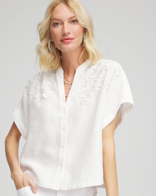 Chico's Embroidered Dolman Sleeved Linen Blouse
