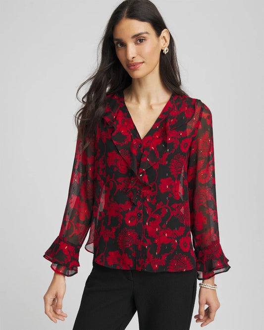Chico's Georgette Clip Dot Ruffle Blouse