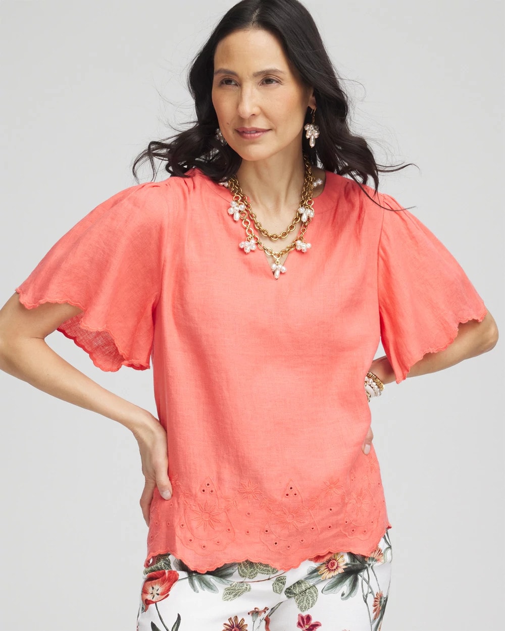 Chico's Linen Embroidered Hem Blouse