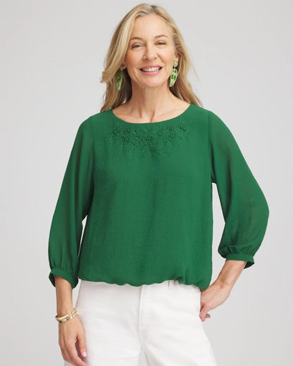 Chico's Embroidered Crinkle Chiffon Blouse