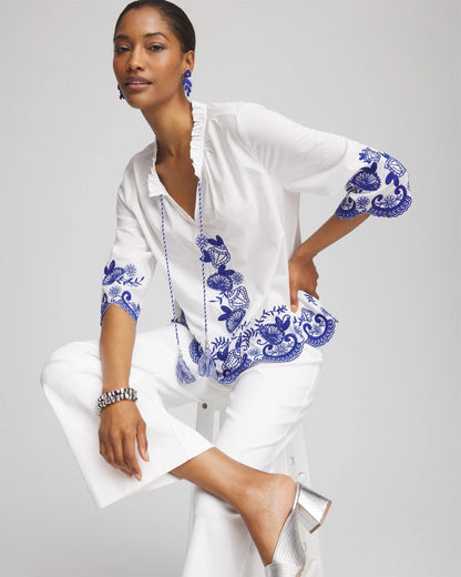 Chico's Embroidered Tassel Tie-Front Blouse