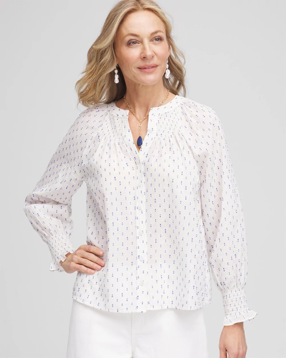 Chico's Smocked Split-neck Blouse