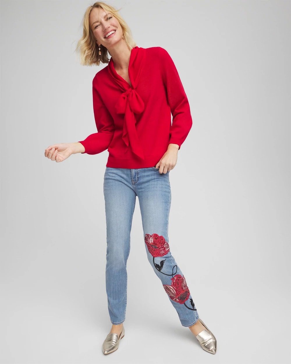 Chico's Placed Floral Girlfriend Slim Ankle Jeans