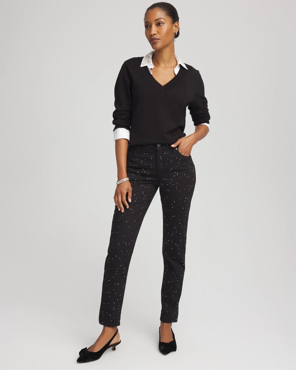 Chico's Stone Embellished Girlfriend Slim Ankle Jeans