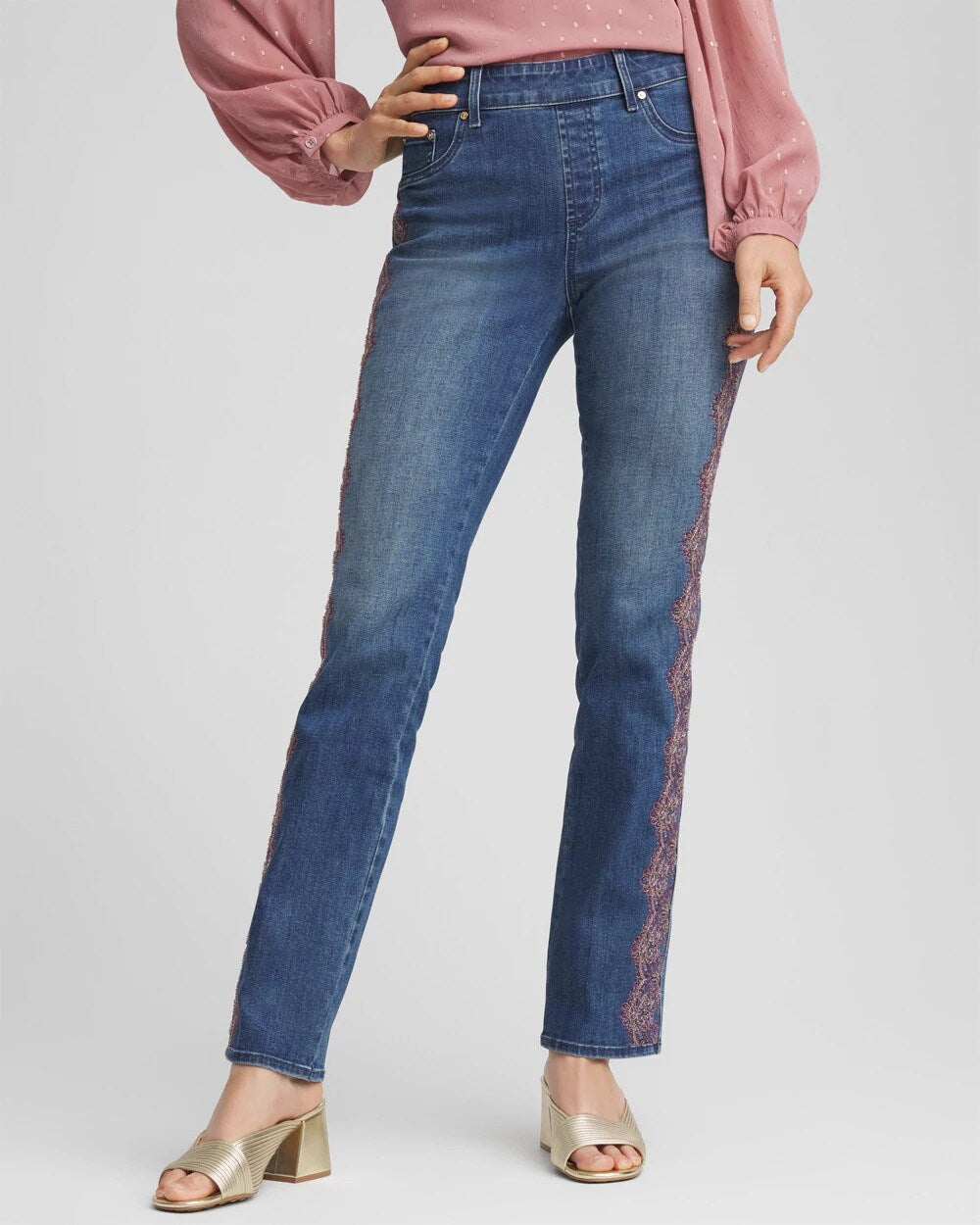 Chico's Lace Embroidered Pull-On Straight Jeans