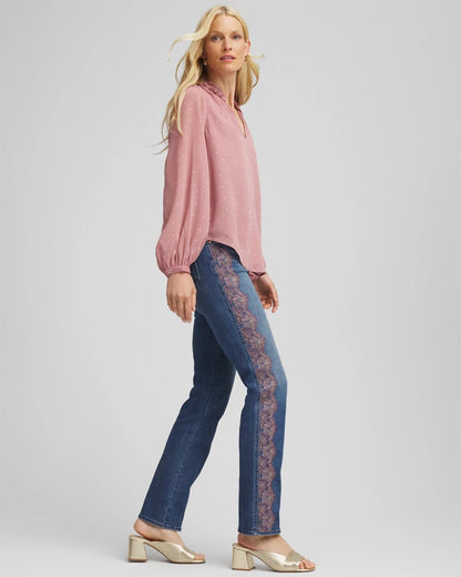 Chico's Lace Embroidered Pull-On Straight Jeans