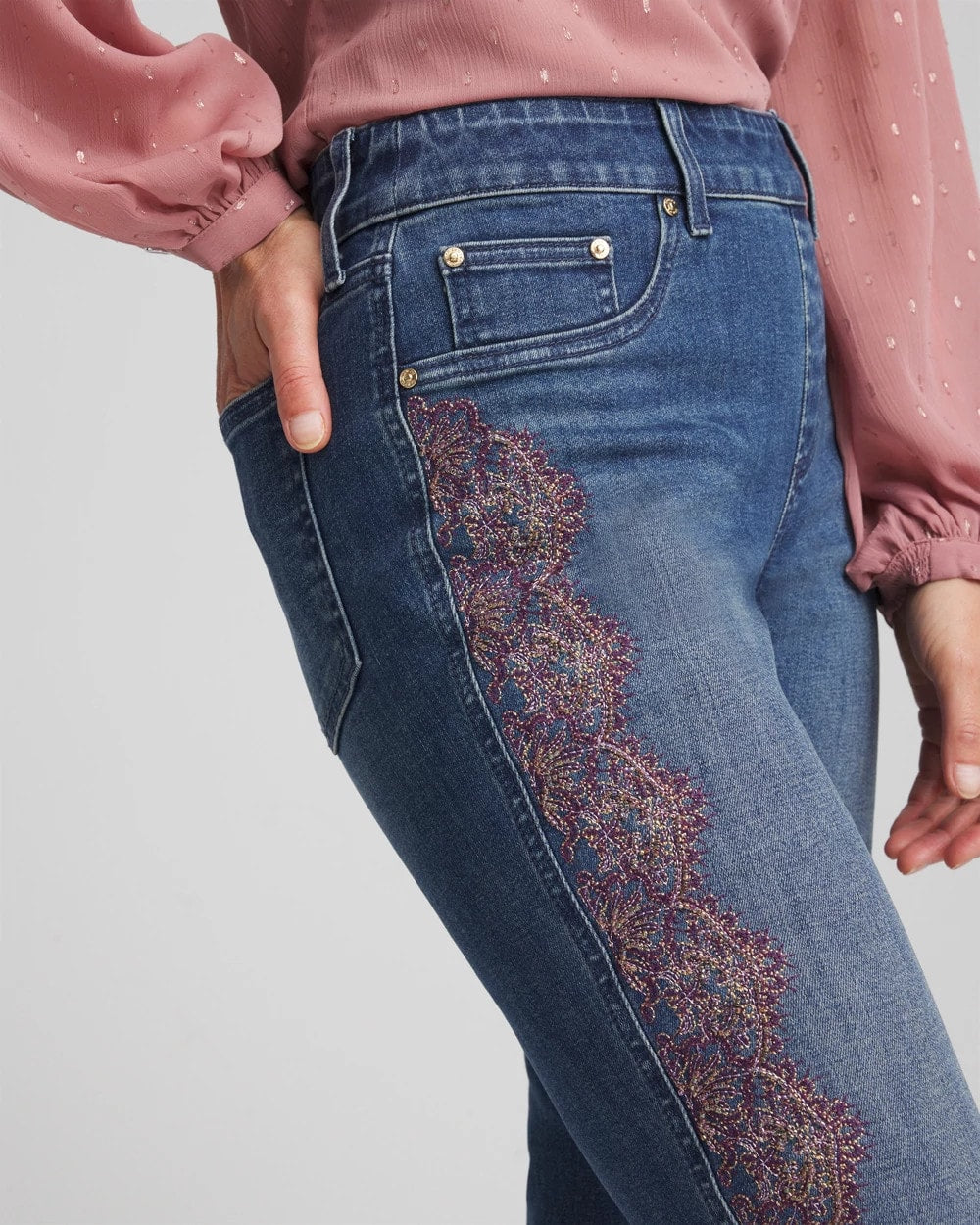 Chico's Lace Embroidered Pull-On Straight Jeans