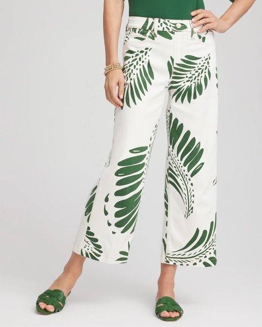 Chico's Palm-Frond-Motif Pull-On Wide-Leg Cropped Jeans