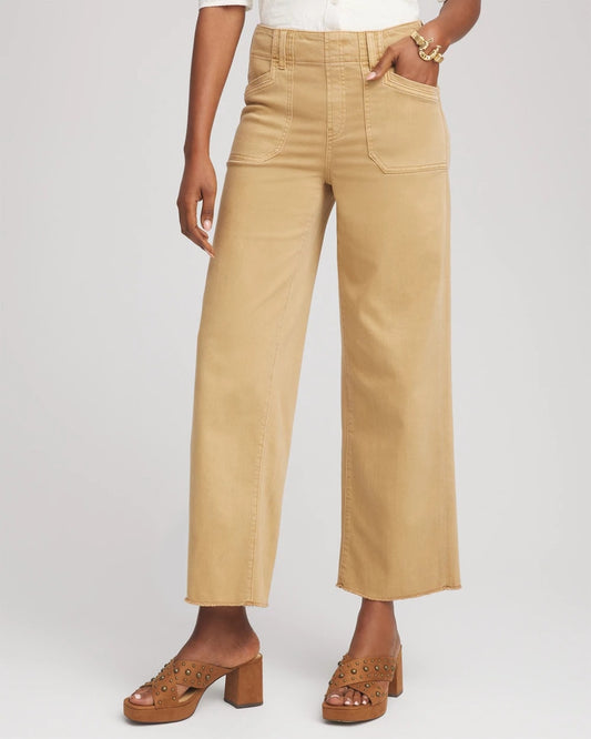 Chico's Neutral Pull-On Cropped Wide-Leg Frayed Jeans