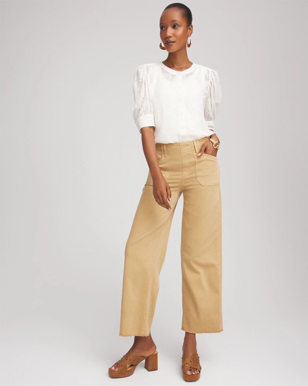Chico's Neutral Pull-On Cropped Wide-Leg Frayed Jeans