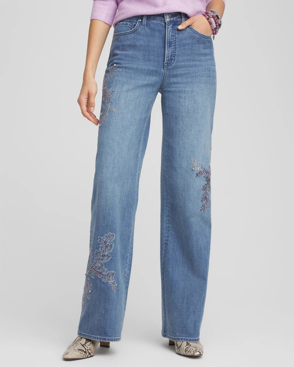 Chico's Embellished High Rise Wide Leg Jeans