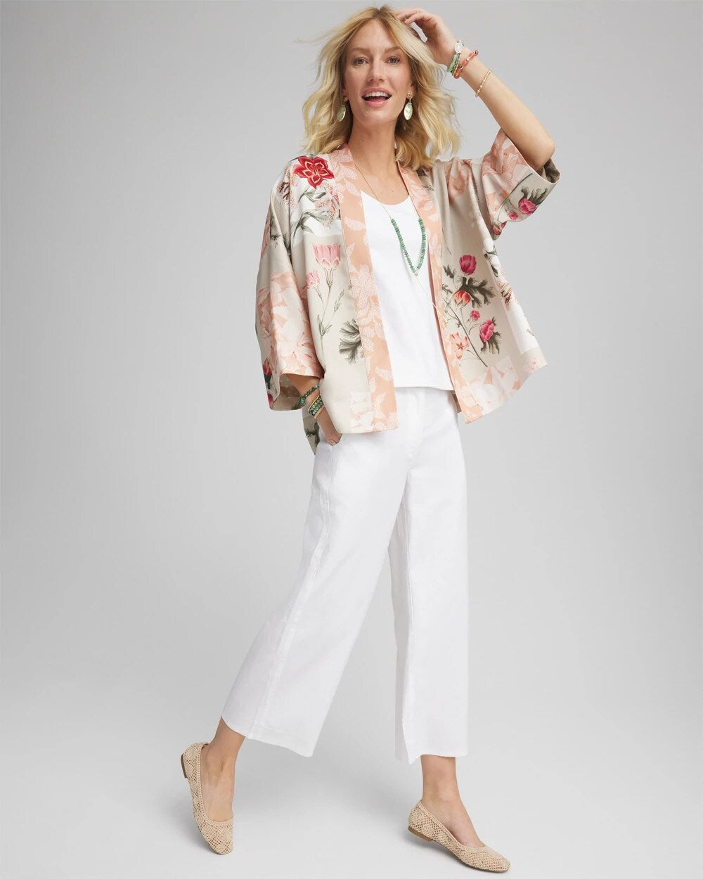 Chico's Ribbed Waist Linen Blend Straight-Leg Cropped Pants