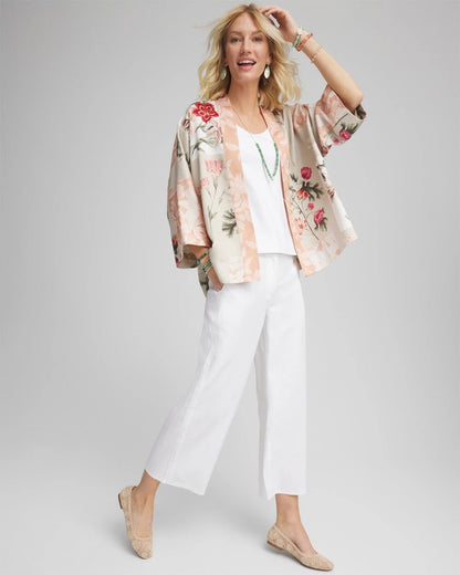 Chico's Ribbed Waist Linen Blend Straight-Leg Cropped Pants