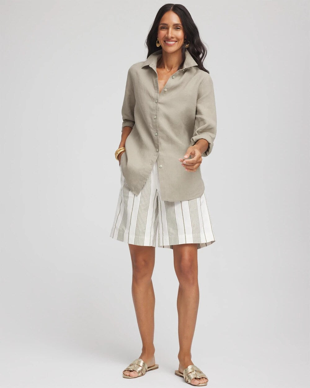 Chico's Striped Cotton-Linen Pull-On Utility Shorts