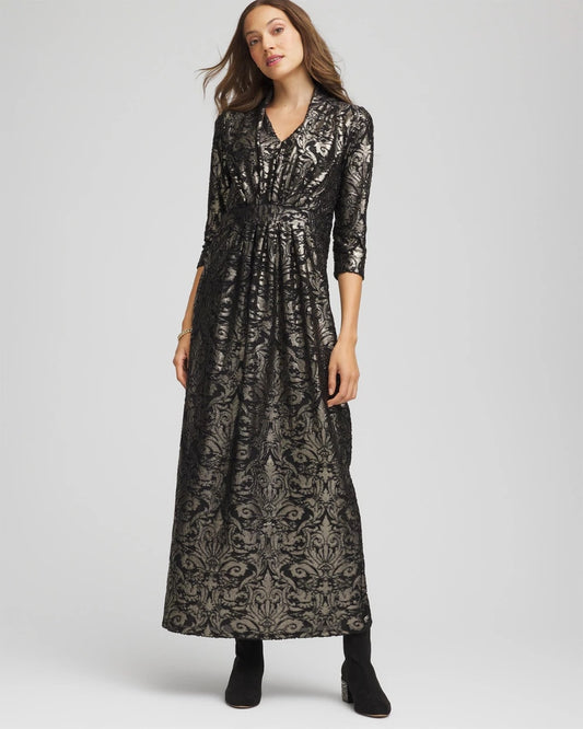Chico's Foiled Knit Pleated Maxi Dress