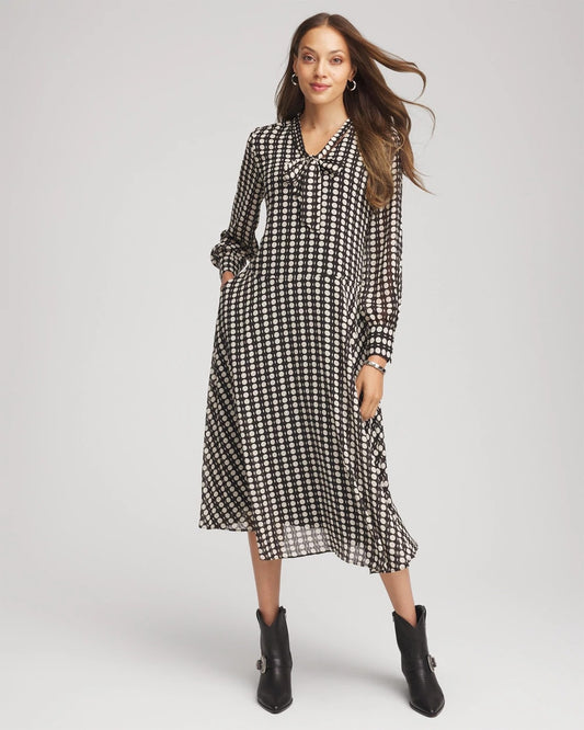 Chico's Chiffon Clip-Dot Tie-Neck Dress