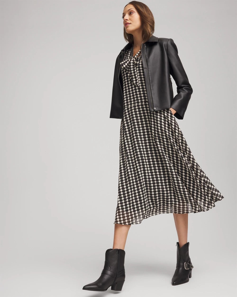 Chico's Chiffon Clip-Dot Tie-Neck Dress