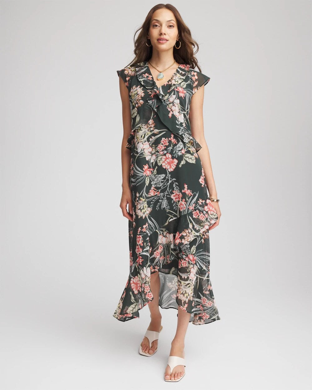 Chico's Floral Ruffle-Trim Chiffon Dress