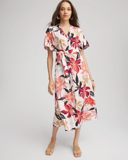 Chico's Tonal Floral Ruffle-Sleeved Midi Dress
