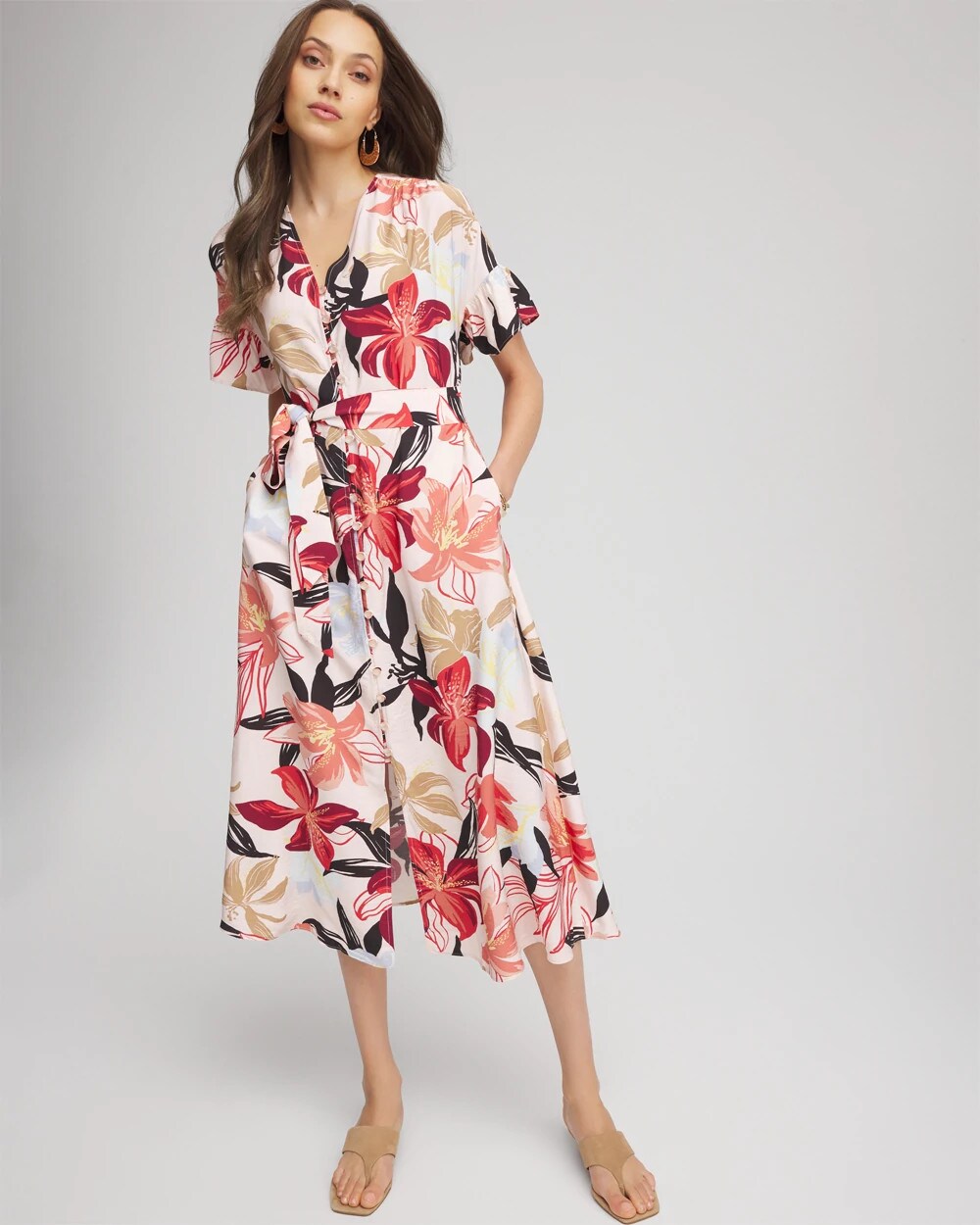 Chico's Tonal Floral Ruffle-Sleeved Midi Dress