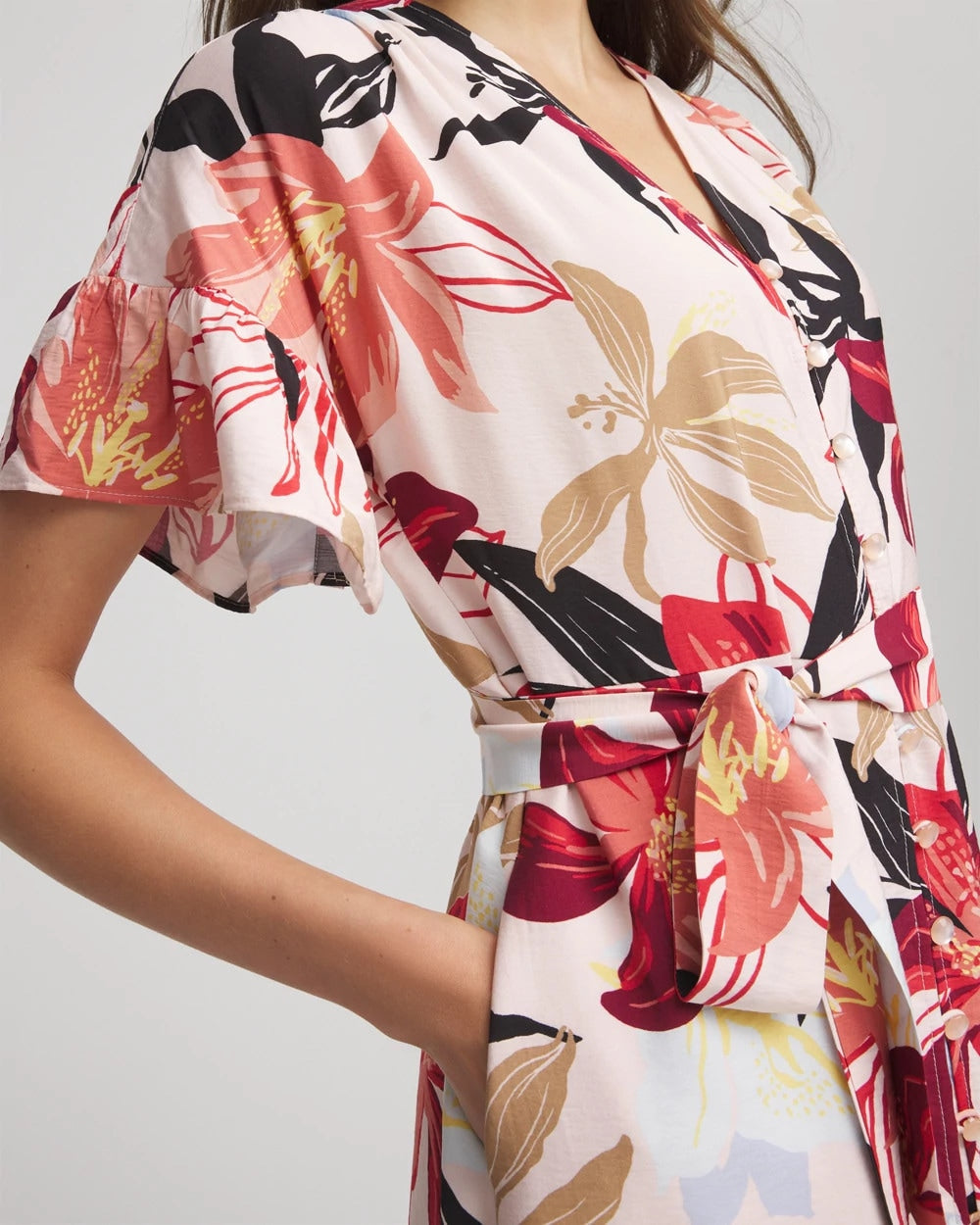Chico's Tonal Floral Ruffle-Sleeved Midi Dress