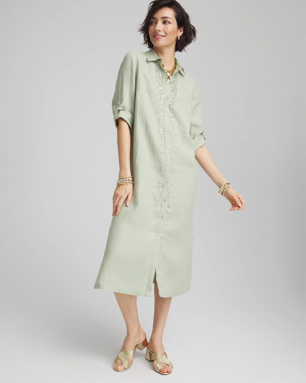 Chico's Linen Embellished Midi Shirt Dress