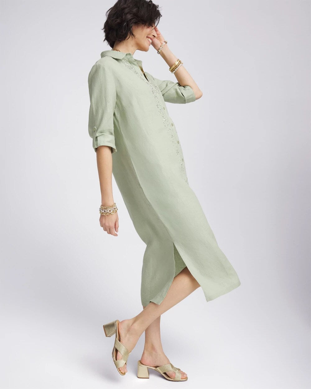 Chico's Linen Embellished Midi Shirt Dress