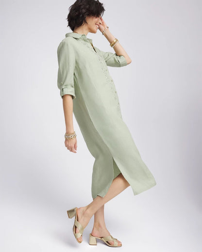 Chico's Linen Embellished Midi Shirt Dress