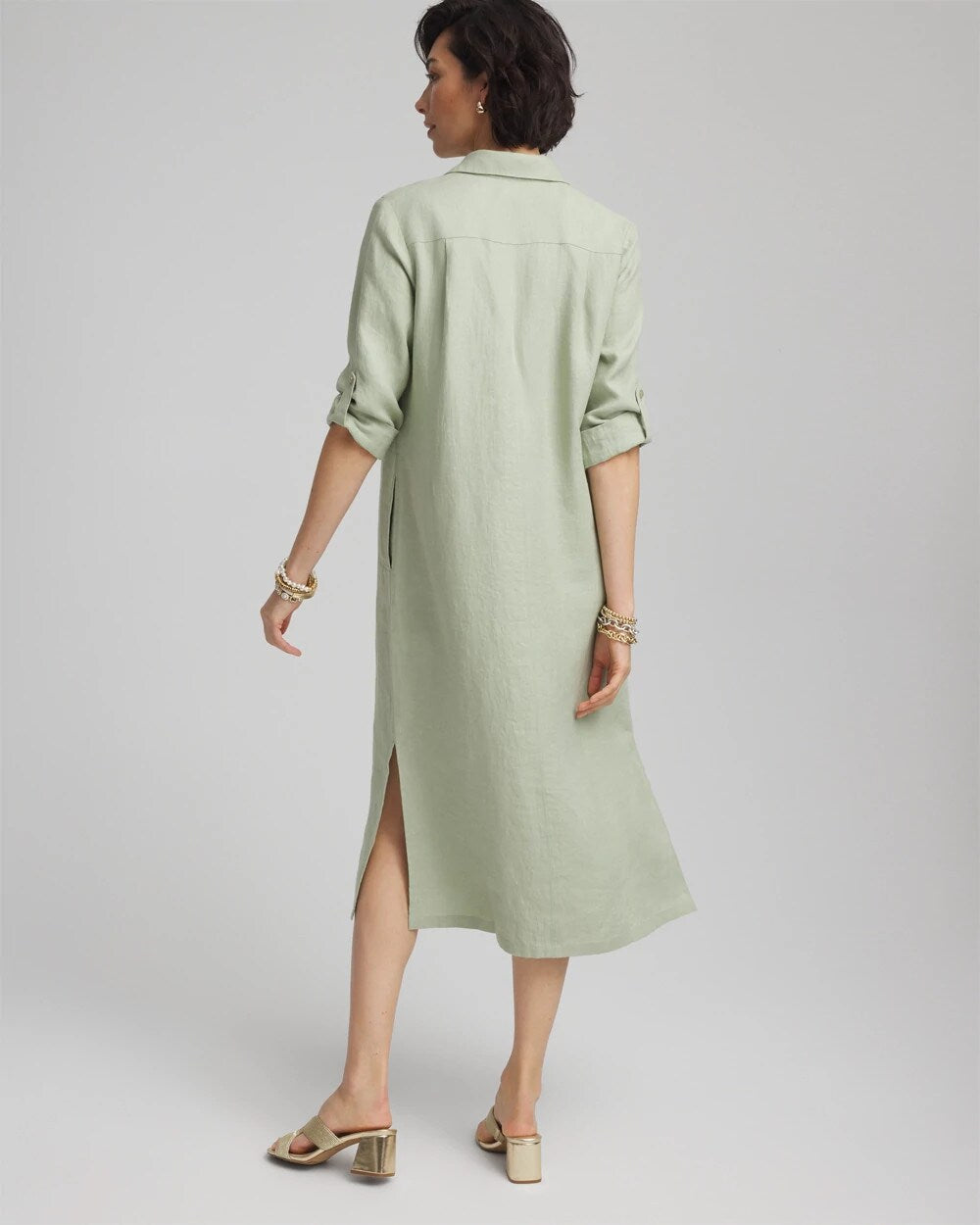Chico's Linen Embellished Midi Shirt Dress