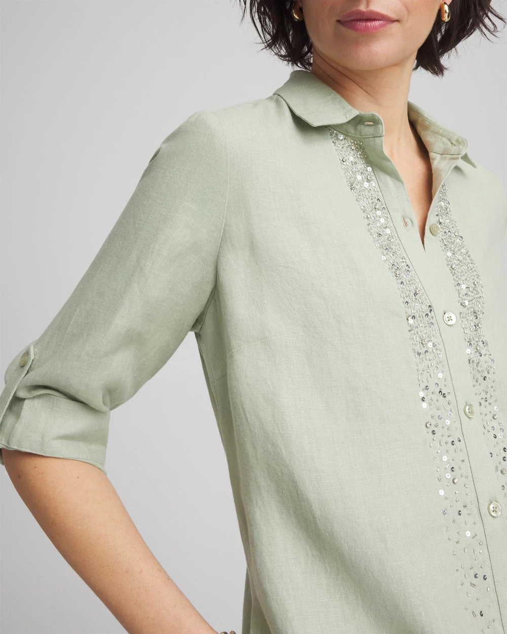Chico's Linen Embellished Midi Shirt Dress