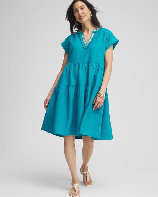 Chico's Linen Embellished Cap Sleeve Dress