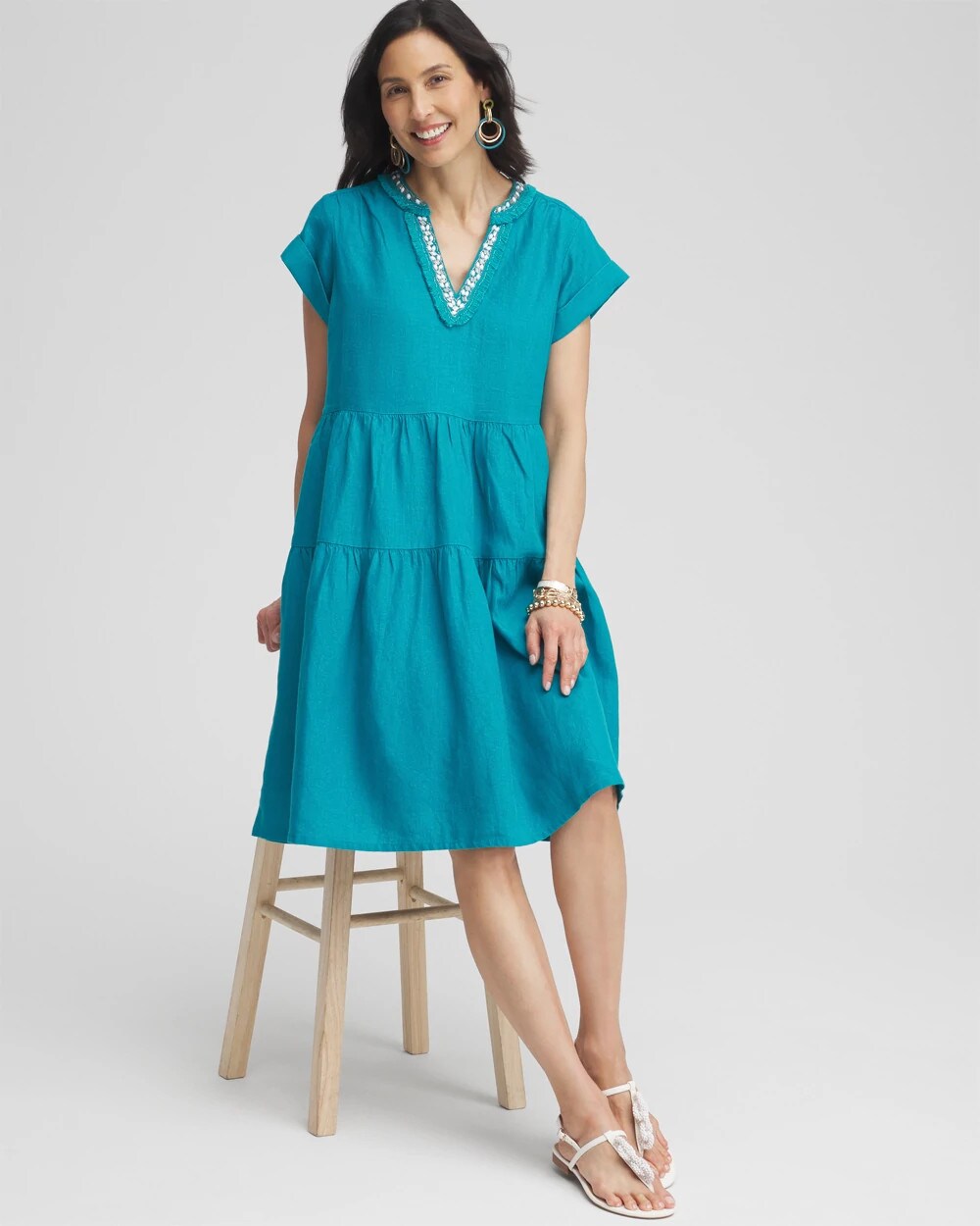 Chico's Linen Embellished Cap Sleeve Dress
