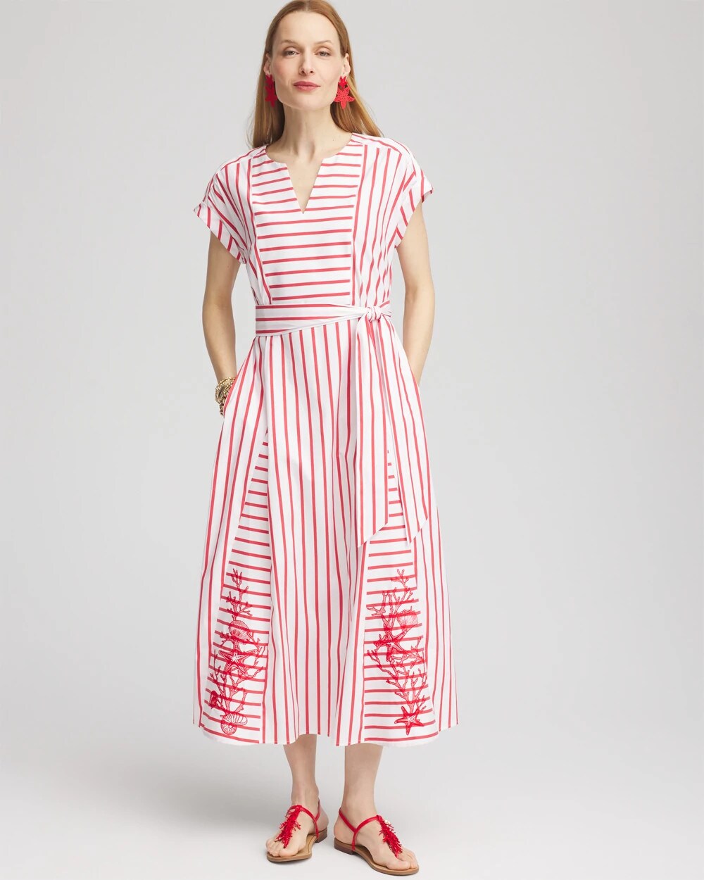 Chico's Embroidered Godet Striped Maxi Dress