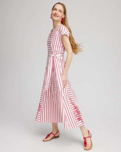 Chico's Embroidered Godet Striped Maxi Dress