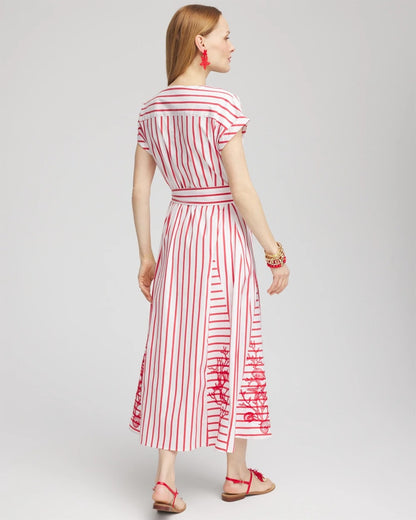 Chico's Embroidered Godet Striped Maxi Dress