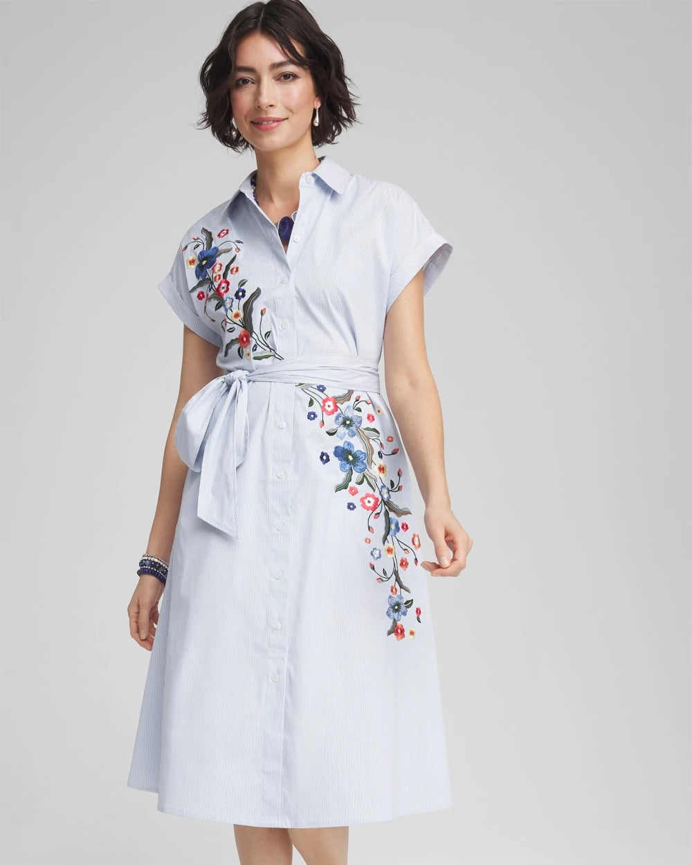 Chico's Striped Embroidered Poplin Midi Shirtdress