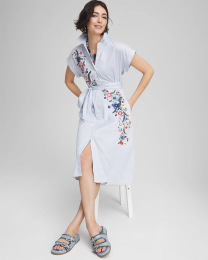 Chico's Striped Embroidered Poplin Midi Shirtdress
