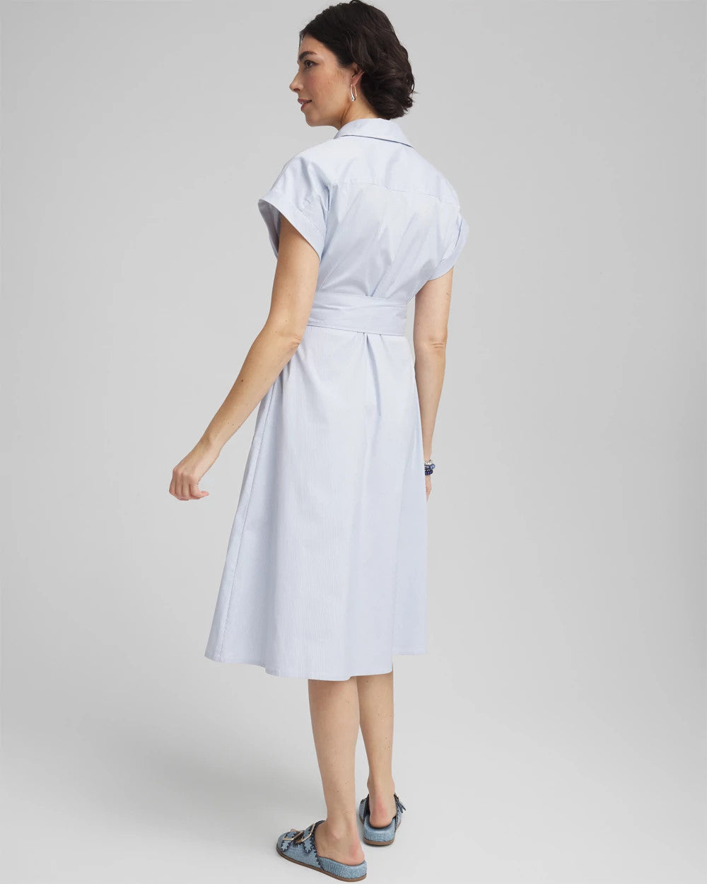 Chico's Striped Embroidered Poplin Midi Shirtdress