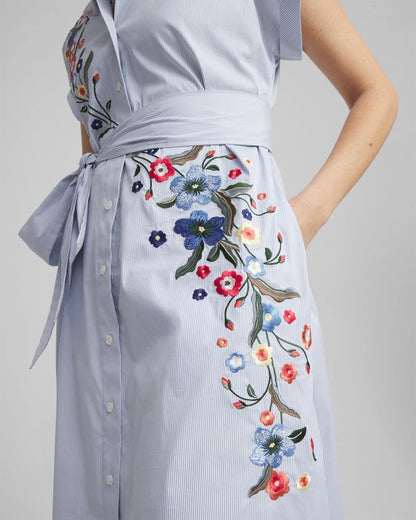 Chico's Striped Embroidered Poplin Midi Shirtdress