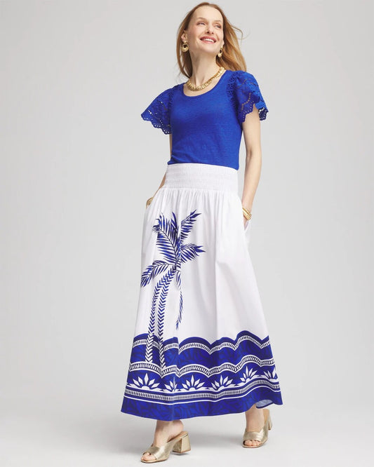 Chico's Tropical Smocked Waist Pull-On Skirt