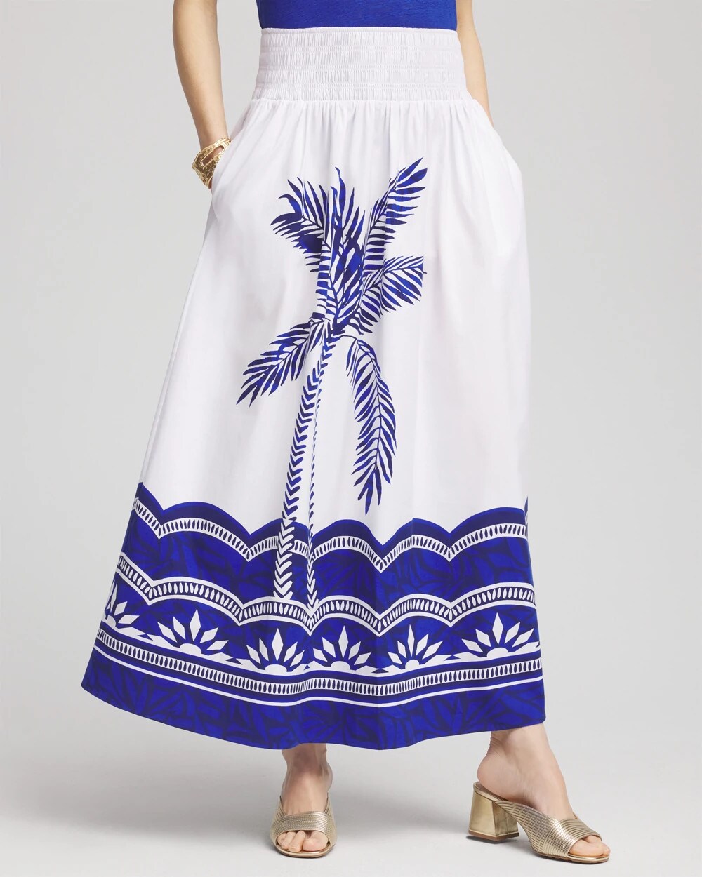 Chico's Tropical Smocked Waist Pull-On Skirt