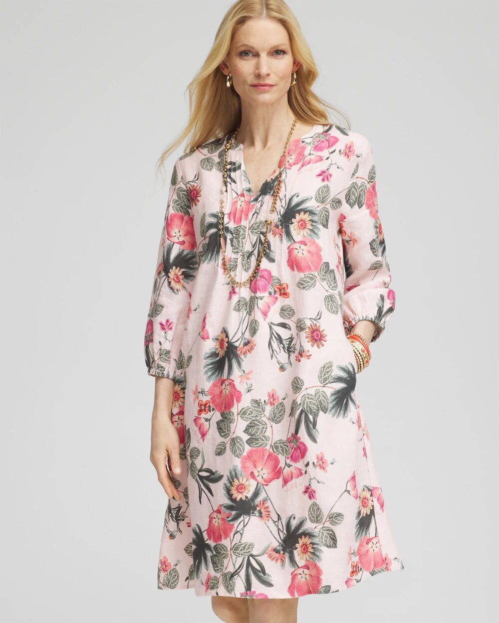 Chico's Floral Linen Pintuck 3/4 Sleeved Dress
