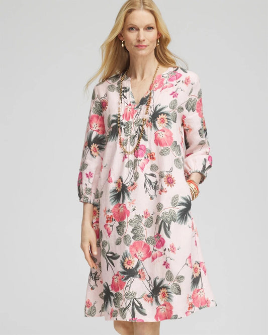 Chico's Floral Linen Pintuck 3/4 Sleeved Dress