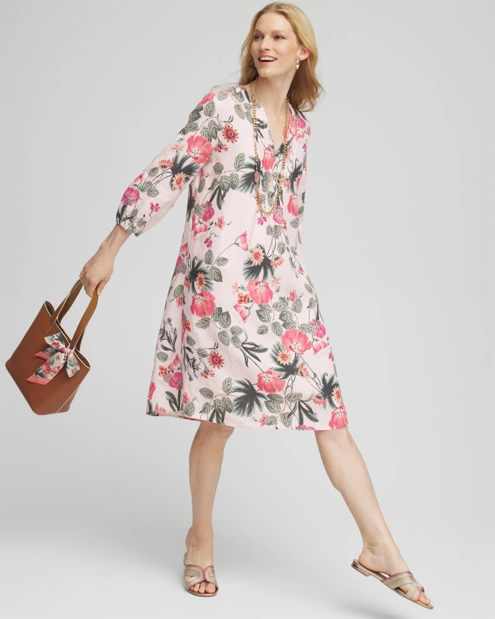 Chico's Floral Linen Pintuck 3/4 Sleeved Dress