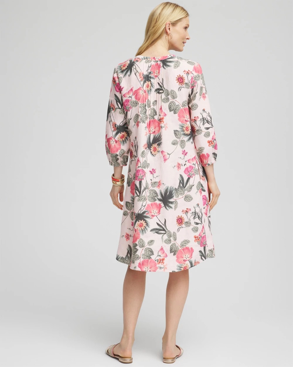 Chico's Floral Linen Pintuck 3/4 Sleeved Dress