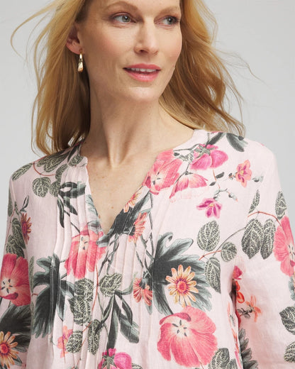 Chico's Floral Linen Pintuck 3/4 Sleeved Dress