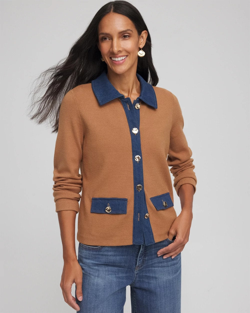 Chico's Collared Denim Trim Cardigan