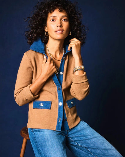 Chico's Collared Denim Trim Cardigan