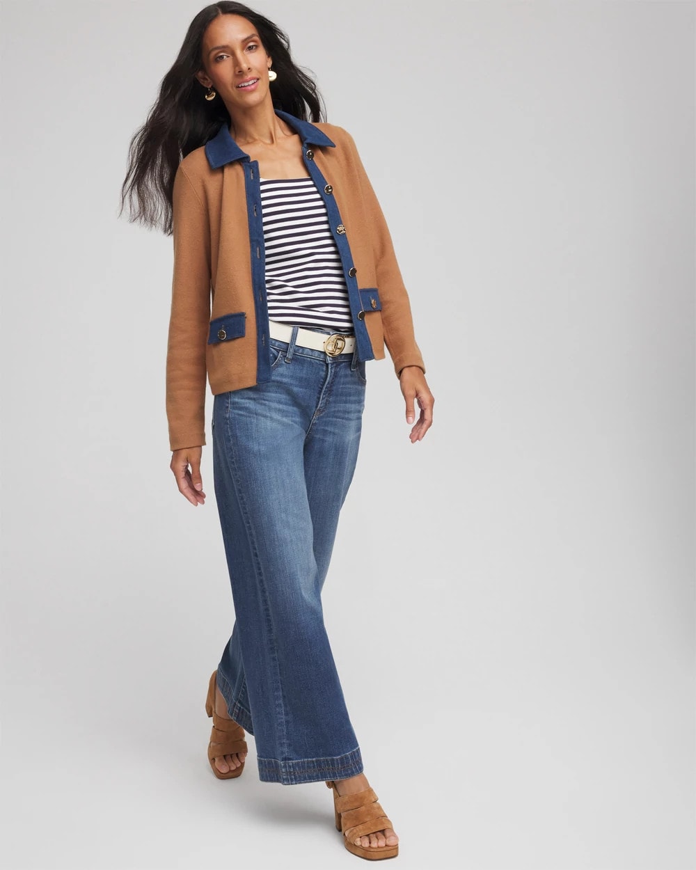 Chico's Collared Denim Trim Cardigan